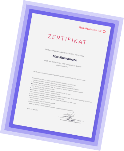 zert- Zertifikat von Quadriga Hochschule mit lila Rahmen und Seminarinformationen.