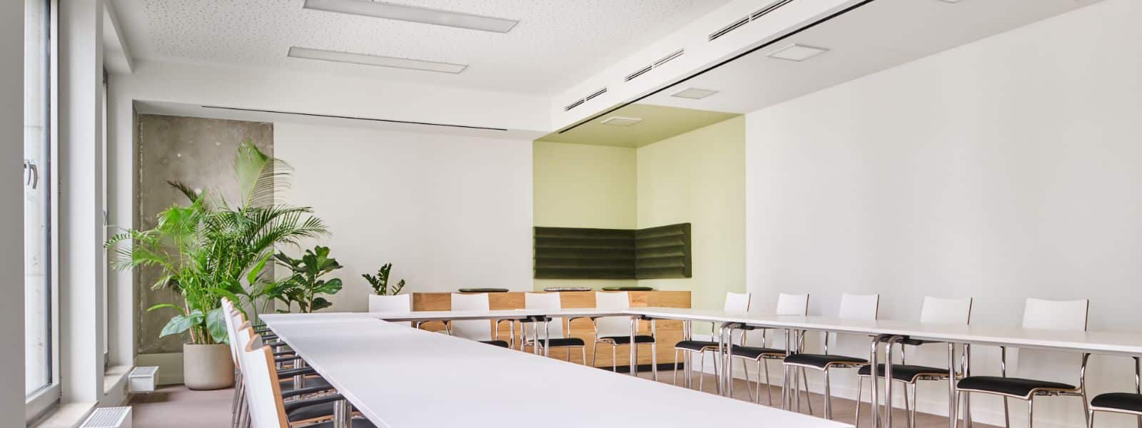 21 Heller Konferenzraum mit langem Tisch, weißen Stühlen und Pflanzen in den Ecken.