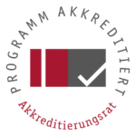 Logo mit dem Text "Programm Akkreditiert" und einem Häkchen, umgeben von einem Kreis. Farben: Rot und Grau.