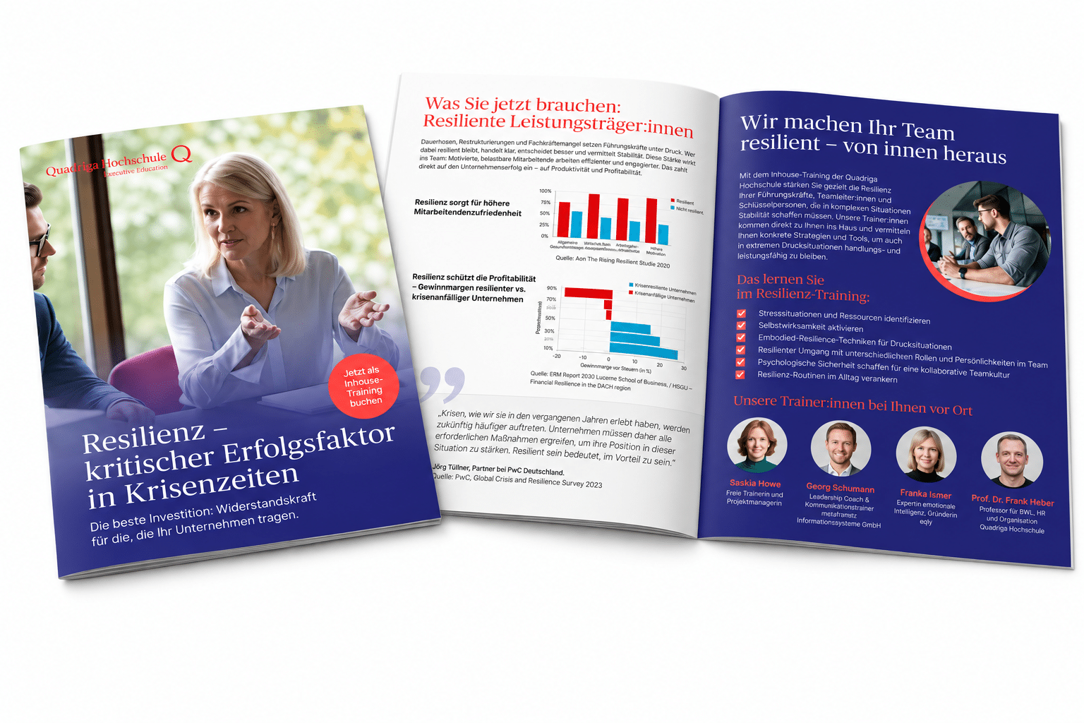 Dreiteilige Unternehmensbroschüre über Resilienz mit Foto einer Frau im Gespräch, Diagrammen und Teamfotos.